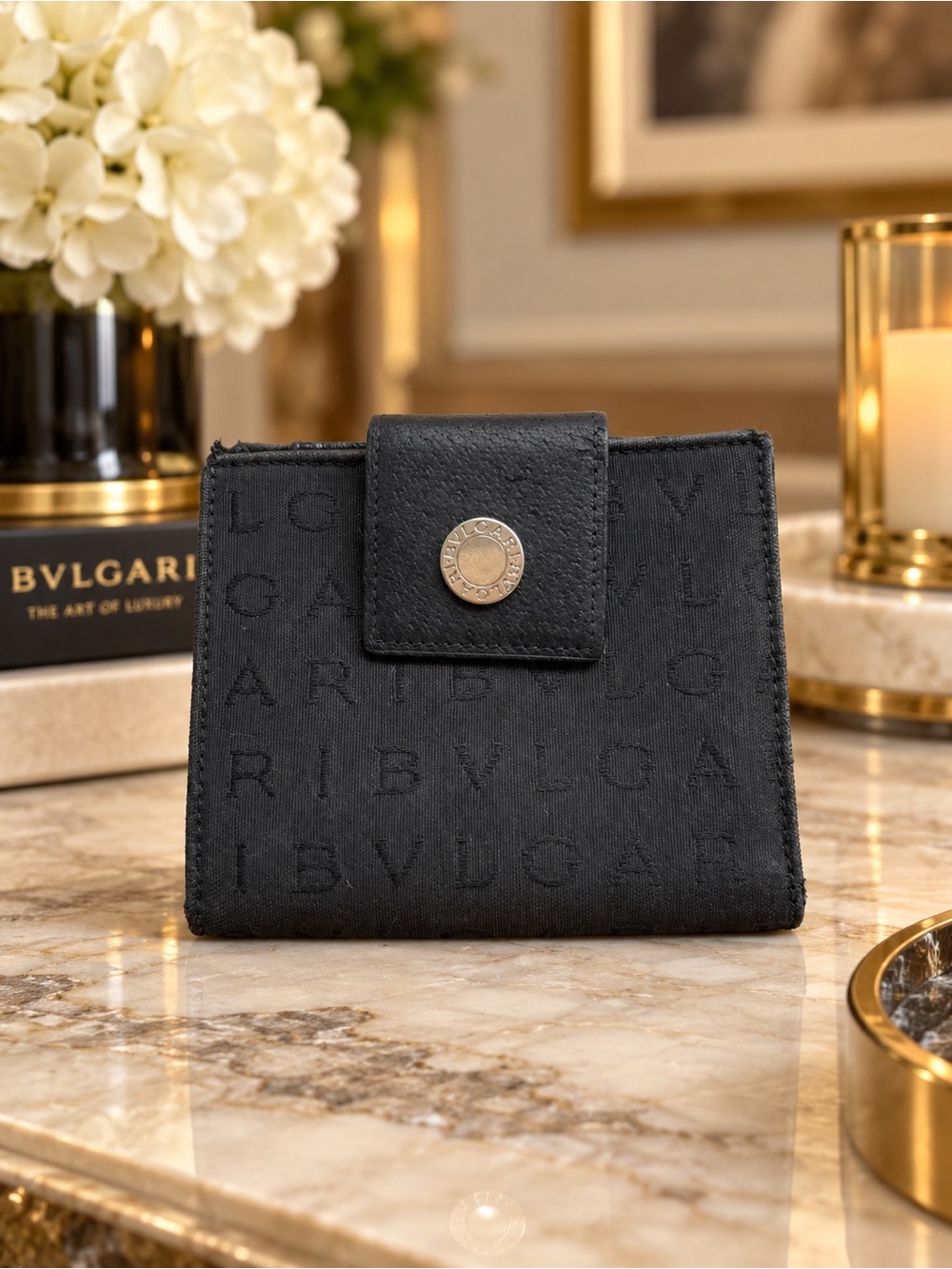 BVLGARI Logomania Black Canvas Leather Compact Bifold Wallet